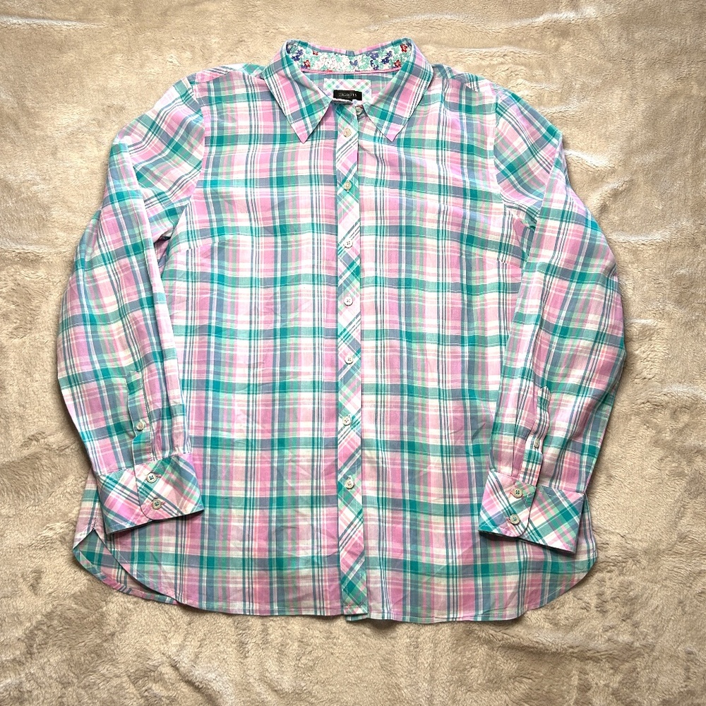 Talbots Plaid Button Up Shirt Womens L Pink Green Long Sleeve 100% Cotton Preppy